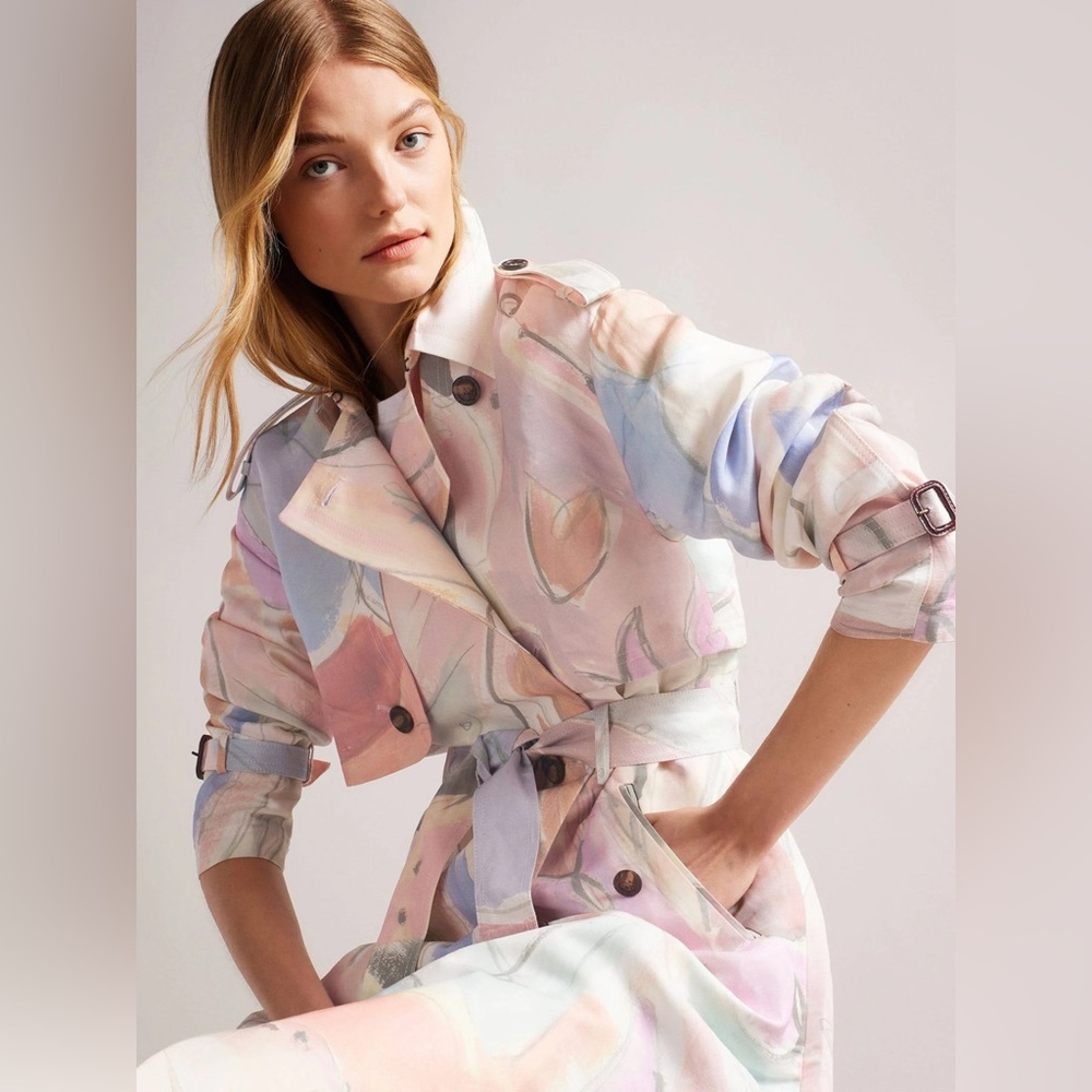 NWT $575 Ted Baker Myiah Abstract Floral Linen Blend Trench Coat